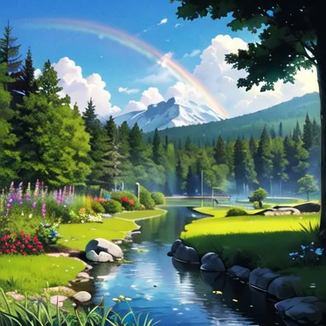 a close up of a stream in a field with a rainbow in the sky