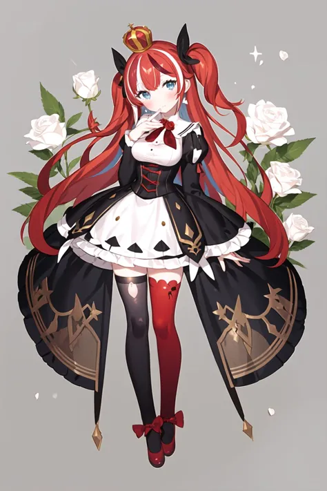 <lora:gwayo:1>, 1girl, thighhighs, solo, long hair, crown, flower, red hair, multicolored hair, black hair, rose, black legwear, breasts, hair ornament, white background, long sleeves, full body, blue eyes, looking at viewer, red footwear, red flower, dress, butterfly hair ornament, mini crown, red rose, puffy sleeves, white flower, closed mouth, bow, juliet sleeves, medium breasts, hair ribbon, bangs, two-tone hair, virtual youtuber, ribbon, cane, simple background, black ribbon, very long hair, shoes, ahoge, standing, zettai ryouiki, red bow, one side up, sparkle, eyebrows visible through hair, white rose, head tilt, white dress, blush, streaked hair, frills, corset, petals, white skirt, black bow, holding