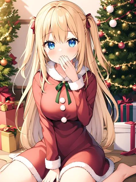 1girl,solo, prt,blonde hair, long hair, one side up,center frills, blue eyes,medium breasts, christmas, santa costume, wariza, merry christmas, jingle bell, christmas tree, covering mouth, large ribbon, indoors,