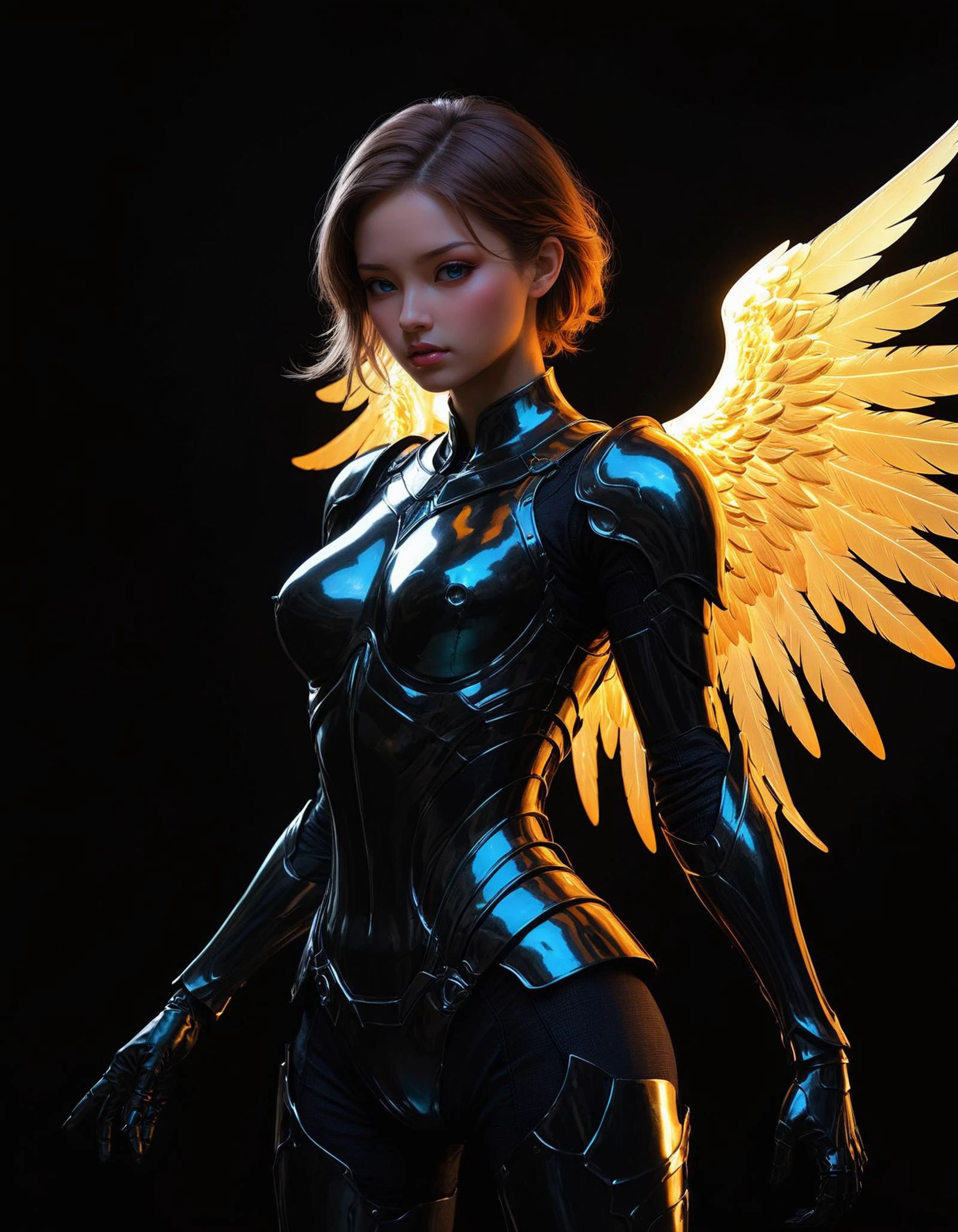 hyper realistic and highly detailed, a female angel knight with a bright magic aura , inspired by (Kentaro Miura:1.2) and (Ken Kelly:1.1) , pop art style, art, bright colors, bold outlines, popular culture themes, ironic or kitsch, bold lines, award winning, limited color palette, high contrast, depth of field, (intricate details, masterpiece, best quality:1.4), dramatic lighting, beautiful composition, looking at viewer, dynamic pose

 dark, black and color vntblk, black, dark, background
