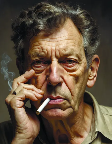 portrait in the style of lucian freud. smoking a cigarette,mouth slightly open. he is holding his hands in front of his eyes. face has many wrinkles,cuts. he is looking down. oil,thick brush strokes. hard,strong shadows under the head. high contrast. clean gray brown background. lit by a single hard light from above their heads. perspective from below. 30 mm. hyperrealistic. oct zdyna_pose 