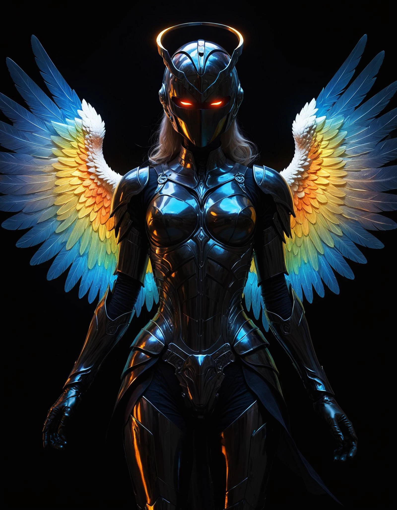 hyper realistic and highly detailed, a female angel knight with a bright magic aura , inspired by (Kentaro Miura:1.2) and (Ken Kelly:1.1) , pop art style, art, bright colors, bold outlines, popular culture themes, ironic or kitsch, bold lines, award winning, limited color palette, high contrast, depth of field, (intricate details, masterpiece, best quality:1.4), dramatic lighting, beautiful composition, looking at viewer, dynamic pose

 dark, black and color vntblk, black, dark, background