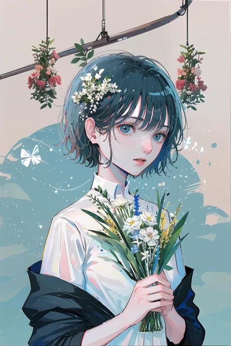 blue theme,Ultramarine, solo, short hair, flower, shirt, bouquet, white shirt, upper body, 1girl, skeleton <lora:Ultramarine-000018:1>