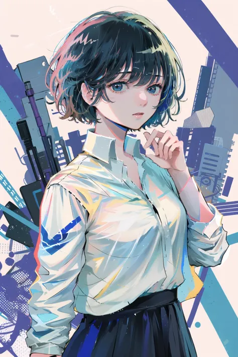 blue theme,Ultramarine, 1girl, solo, looking at viewer, shirt, short hair, collared shirt, white shirt, skirt, blue hair, bangs<lora:Ultramarine:1>