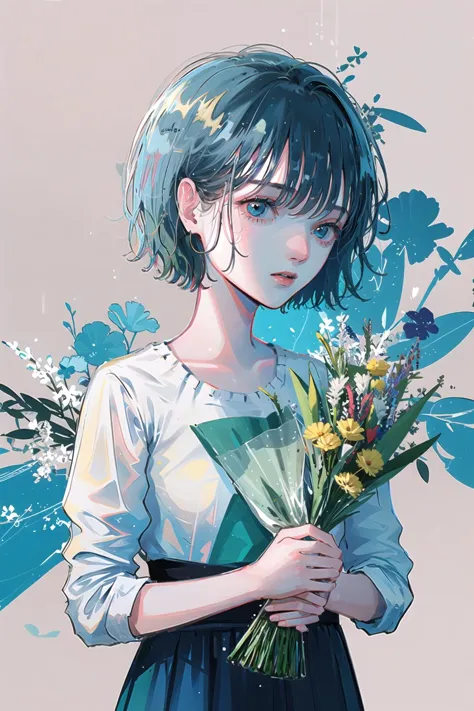 blue theme,Ultramarine, solo, short hair, flower, shirt, bouquet, white shirt, upper body, 1girl, skeleton <lora:Ultramarine-000018:1>