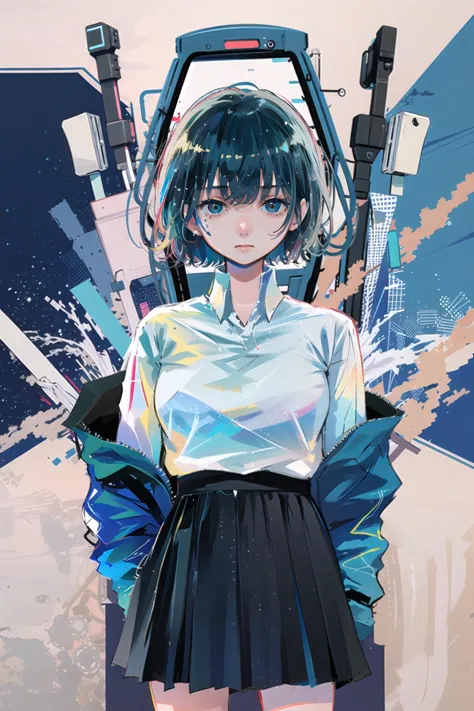 blue theme,Ultramarine, 1girl, solo, looking at viewer, shirt, short hair, collared shirt, white shirt, skirt, blue hair, bangs<lora:Ultramarine:1>