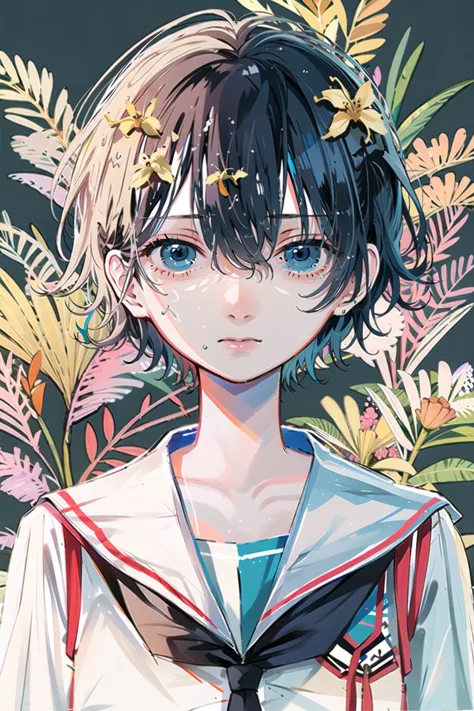 anime girl with blue eyes and a sailor outfit standing in front of a flowery background