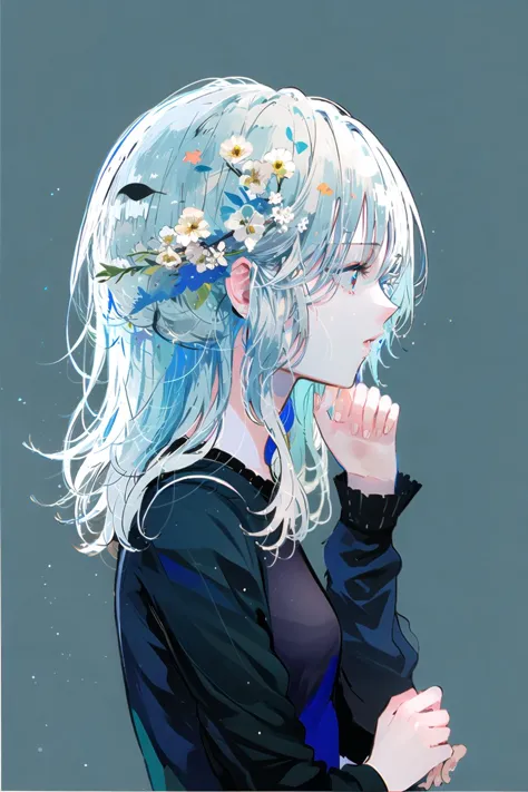 a woman with blue hair and flowers in her hair