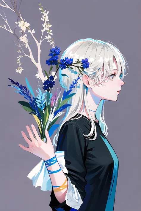 anime girl with white hair and blue eyes holding a bouquet of flowers