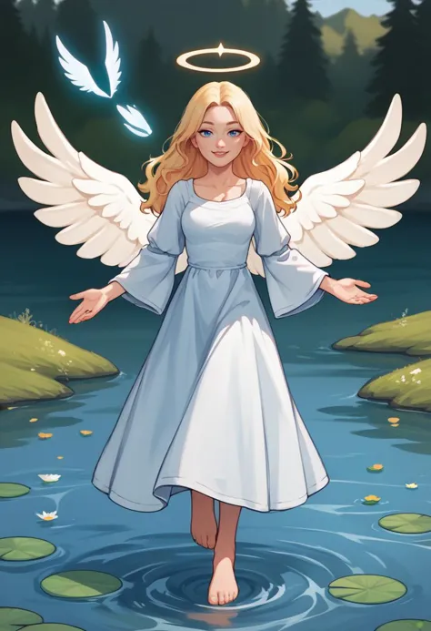 a cartoon image of a woman with angel wings standing in water