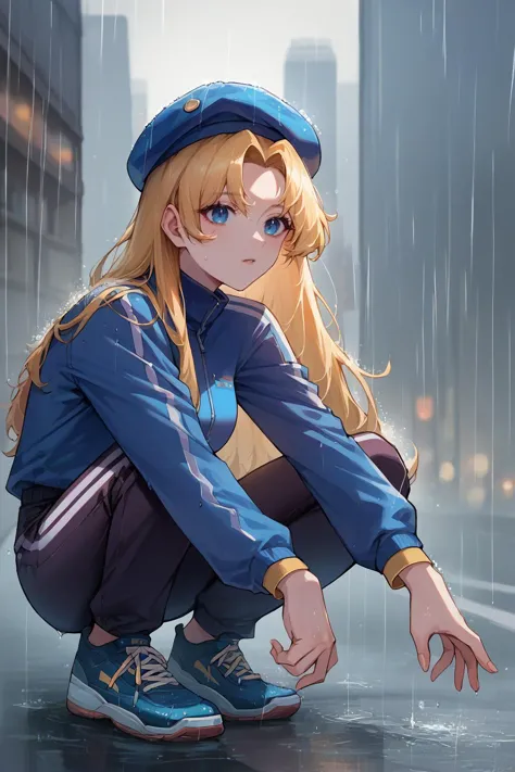 source_anime, score_9, score_8_up, score_9, 1girl, solo, <lora:NSHaleyStardew:1> NSHaleyStardew, long hair, blonde hair, blue eyes, city, raining, dark, tracksuit, squatting, beret