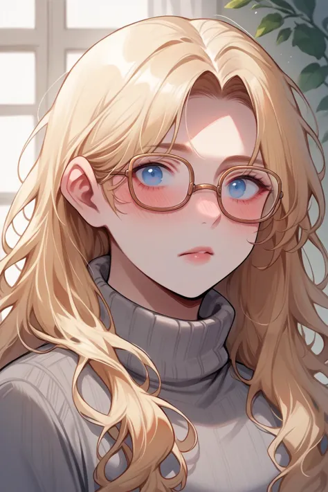 source_anime, score_9, score_8_up, score_9, 1girl, solo, <lora:NSHaleyStardew:1> NSHaleyStardew, long hair, blonde hair, blue eyes, glasses, close-up, gray sweater, turtleneck sweater, indoors, oval eyewear, heavy blush, pale skin