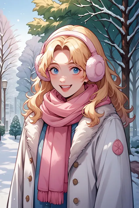 a woman in a pink scarf and a white coat standing in the snow