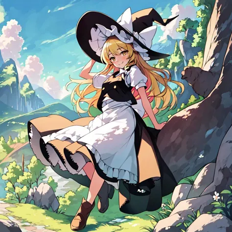 masterpiece, best quality, illustration, beautiful detailed, finely detailed, dramatic light, intricate details, colorful, 1girl, smiling, (((long shot, full body portrait))), <lora:Marisa_V1:1.0> blonde hair, witch hat, yellow eyes, long hair, vest, apron, white bow, short sleeves, hat bow, braid, puffy sleeves, skirt, kirisame marisa, hill, grass, rocks, day, blue sky