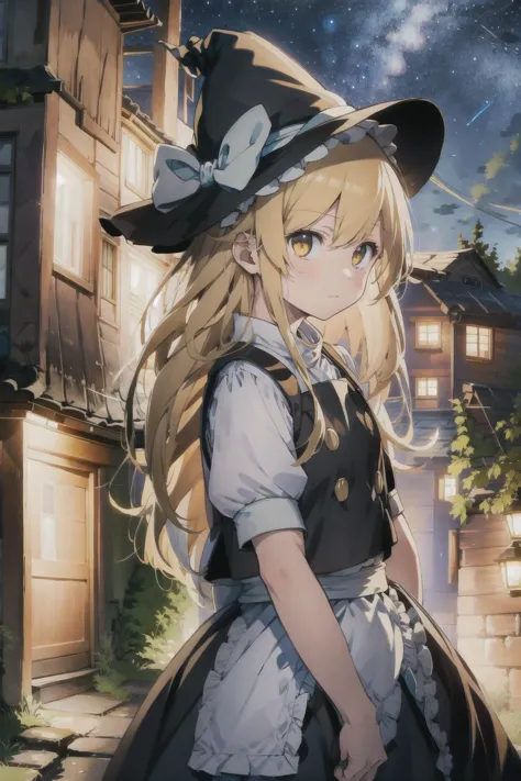 <lora:marisa:1>,1girl, blonde hair, witch hat, yellow eyes, long hair, vest,apron, bow, short sleeves, hat bow, braid, puffy sle...