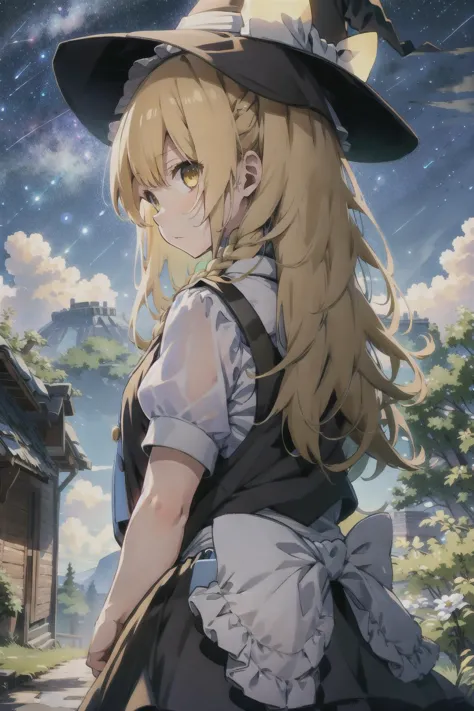 <lora:marisa:1>,1girl, blonde hair, witch hat, yellow eyes, long hair, vest,apron, bow, short sleeves, hat bow, braid, puffy sle...