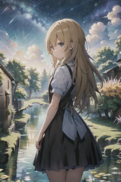 <lora:marisa:1>, kirisame marisa, (best quality, 8K, masterpiece, ultra detailed:1.2), wide shot, depth of field, night, gredient sky, starry sky, beautiful clouds, constellation, grassland, wildflowers, surreal colors, glowing foliage, otherworldly atmosphere, cobblestone streets, 1girl, solo, wind, from behind, arms behind back, full body, looking ahead, hiding hand