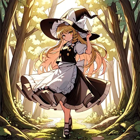 masterpiece, best quality, illustration, beautiful detailed, finely detailed, dramatic light, intricate details, colorful, 1girl, smiling, (((long shot, full body portrait))), blonde hair, witch hat, yellow eyes, long hair, vest, apron, bow, short sleeves, hat bow, braid, puffy sleeves, skirt, kirisame marisa, forest, lake