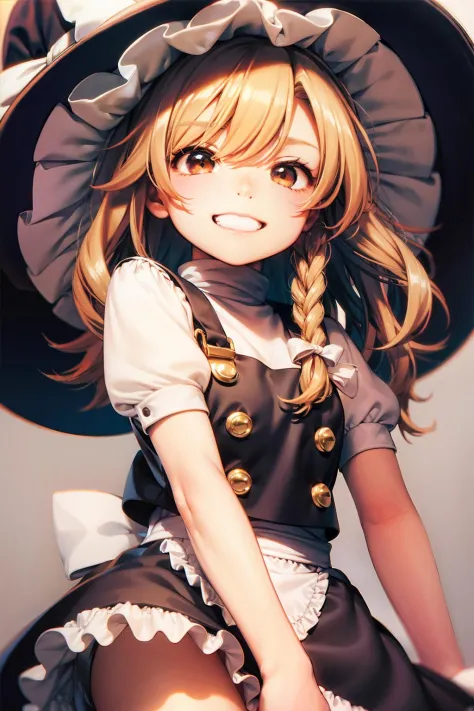 masterpiece, best quality, <lora:marisa:1>,1girl, solo,grin, kirisame marisa, grey background,