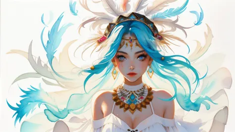 anime girl with blue hair and white dress with feathers