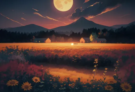 a painting of a field with flowers and a full moon