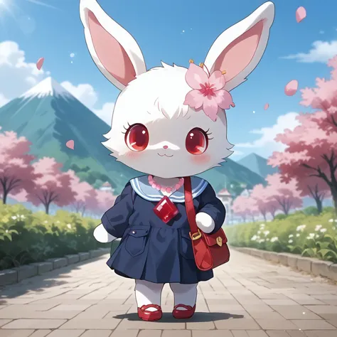 uploaded on e621, source_furry, moe, cute, score_10, score_9_up, score_8_up, score_7_up, masterpiece, super fine illustration, best quality, light particles, ultra-detailed, 8K wallpaper, vivid colors,highly detailed beautiful face and eyes, background:floral garden,nature_background,beautiful landscape,sun,blue_sky, mountain, field, standing, smile,happy, Full Body, Romantic, Small Body, Furry, looking_pleasured, jewel pet, ((solo,1girl,female)),center,Ruby,perfect ruby,(white fur,white body),((white color cheek fur)),red eyes,closed smile, 
torogao,red eyes,closed smile mouth,
clothed,lightblue clothing,jyojifuku, school uniform,lightblue school uniform,shoulder bag, beret,
no humans,animal,rabbit,rabbit ears,white ears, hair_accessory, 1 cherry blossom on bunny head,cherry blossom hair accessory,jewelry,necklace,cherries gem,cherries necklace,