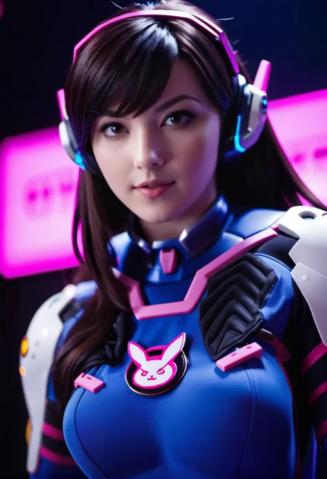 a close up of a woman in a blue and pink outfit