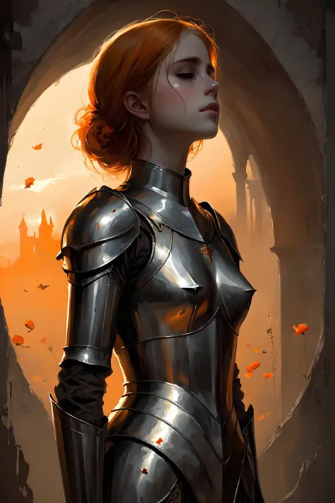 a woman in armor standing in front of a castle