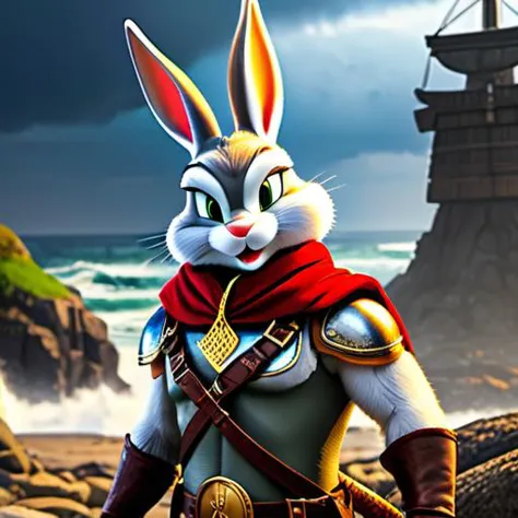 Bugs Bunny, the iconic Looney Tunes character, in a striking and unexpected role as a viking warrior. Dressed in full battle arm...