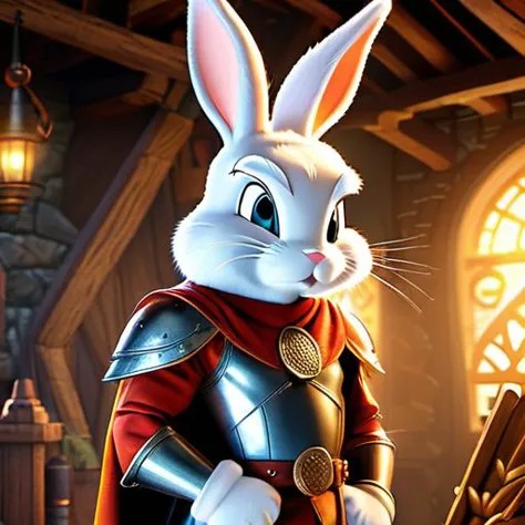 Bugs Bunny, the iconic Looney Tunes character, in a striking and unexpected role as a viking warrior. Dressed in full battle arm...