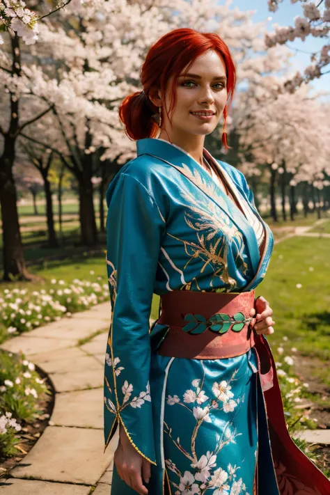 trissW3_soul3142, green eyes, red hair, ponytail, green attire, traditional kimono, sash, floral pattern, long sleeves, looking ...