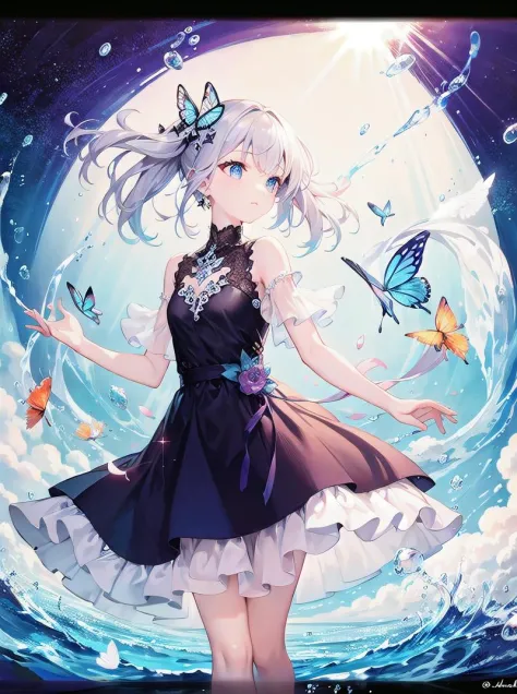 obra maestra, mejor calidad,1 chica,kawaii,lindo,pelo flotante, vestido completo lucencia,agua,burbujas de colores,mariposas de cristal,Efecto Tyndall,oscuridad,iluminación cinematográfica,agua stirring,de ensueño,maravillosa escena,brillar,Medusa,cristal dream,