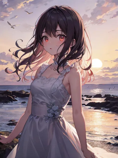 masterpiece, best quality,1girl,kawaii,cute,backlighting, lucency full dress, ((dusk)),sunset glow,standing on the ((headland)),...