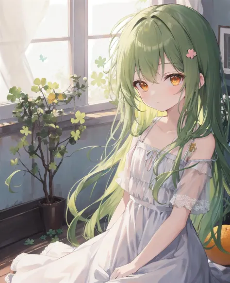 masterpiece, best quality, 1girl,kawaii,cute,flat chest, green hair, orange eyes,  clover hair ornament, long hair, disheveled hair, messy hair, backlighting, lucency full dress,casual posture,indoor,