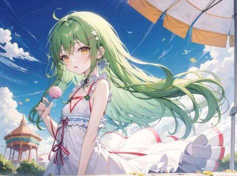 (pixiv masterpiece),masterpiece, best quality, 1girl,cute,kawaii, flat chest, green hair, orange eyes,  clover hair ornament, long hair, disheveled hair, messy hair, lucency full dress, amusement park, glad, lolipop