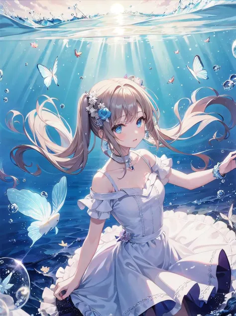 masterpiece, best quality,1girl,kawaii,cute,floating hair, lucency full dress,water,colorful bubbles,crystal butterflies,tyndall...