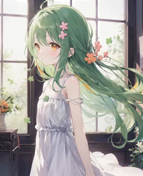 masterpiece, best quality, 1girl,kawaii,cute,flat chest, green hair, orange eyes, clover hair ornament, long hair, disheveled hair, messy hair, backlighting, lucency full dress,casual posture,indoor,