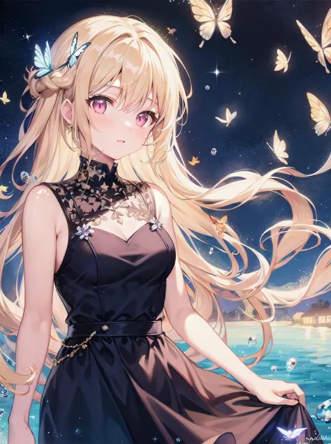 masterpiece, best quality,1girl,kawaii,cute,pink eyes,blonde hair,floating hair, lucency full dress,water,colorful bubbles,crystal butterflies,tyndall effect,dusk,cinematic lighting,water stirring,dreamlike,wonderful scene,sparkle,jellyfish,cristal dream,