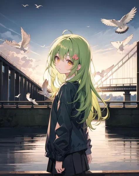 (pixiv masterpiece),masterpiece, best quality, 1girl,cute,kawaii, flat chest, green hair,orange eyes,clover hair ornament, long hair, disheveled hair, messy hair,night,at night,romantic,((backlighting)),backlight,((bridge composed with a lot of birds)),Bird-made bridge,