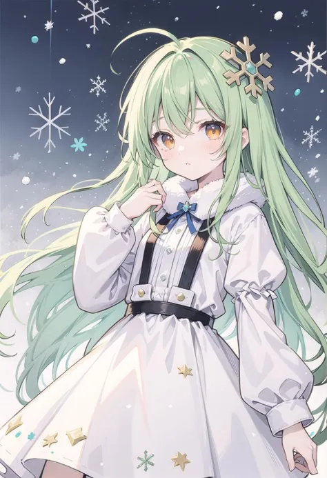 (pixiv masterpiece),masterpiece, best quality,cute,kawaii, flat chest, green hair,orange eyes,clover hair ornament, ((long hair)), disheveled hair, messy hair,lucency full dress,pound,winter,snowflakes,hands out,catch snowflakes,