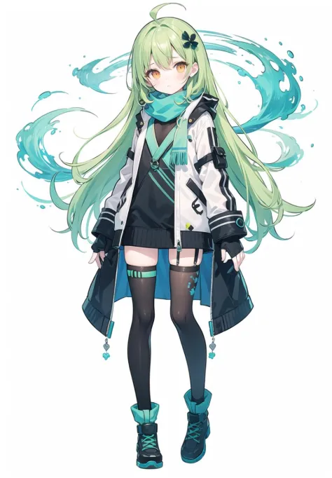 (pixiv masterpiece),best quality,1girl,cute,kawaii,flat chest,green hair,orange eyes,clover hair ornament,long hair,disheveled hair,messy hair,sweater,translucent coat,fingerless gloves,closed hands,legwear,full body,see-through legwear,scarf,