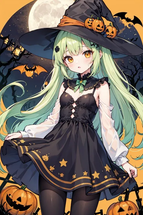 (pixiv masterpiece),best quality,1girl,cute,kawaii,small breasts,green hair,orange eyes,clover hair ornament,long hair,disheveled hair,messy hair,halloween costume,witch hat,star print,full moon,misty forest,dress,black pantyhose,wide shot,bat,jack-o'-lantern,horror \(theme\),kiyakyuu,yellow theme,