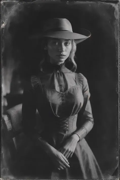 studio portrait of RoxieCipher, cowgirl, wearing high neck victorian dress, old west, analog, grainy, dust, scratches, blurry, D...