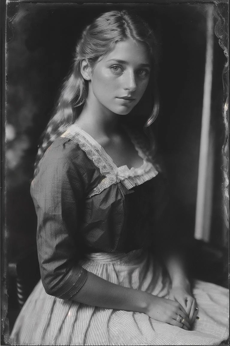 retrato de estudio de AshleyCipher, como una chica gibson, vestido victoriano tardío, encaje blanco, Edad dorada, bullicio, cosa análoga, granoso, polvo, Arañazos, borroso, daguerrotipo, Plata gelatina, Collodion_foto, sepia 