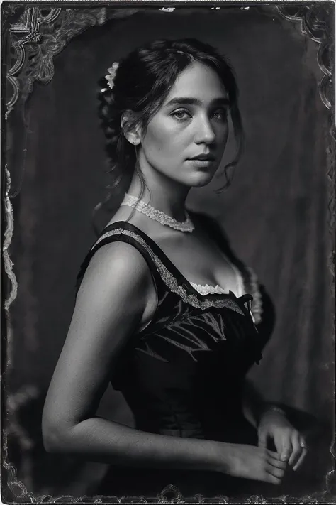 studio portrait of  jenn1f1850, victorian woman, wearing high collar victorian gown, lace, satin, jaquard, 1800s, analog, grainy...
