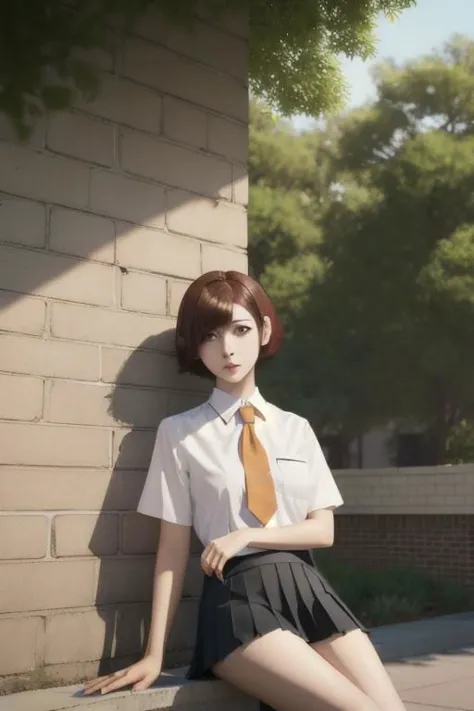 1woman, short hair, asymmetric hair, hime cut, white collared shirt, black pleated skirt, necktie, mira_yoo, short hair, brown eyes, brown hair, she is sitting at brick wall, water flooe, tree canopy, sunlit, weak lights and shadows