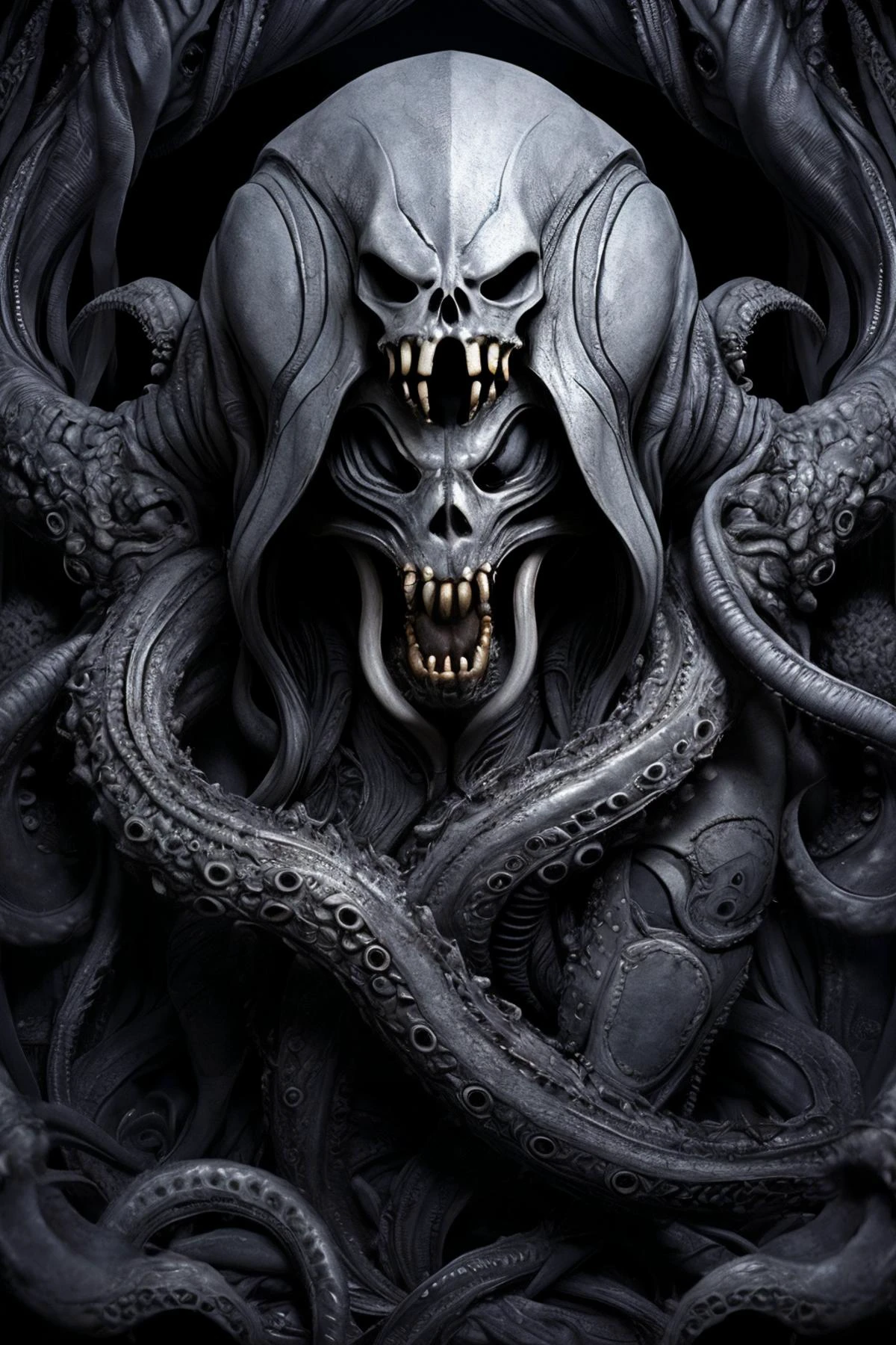 (masterpiece, best quality, official art, beautiful and aesthetic),1girl and gigerwall,emotional female human face,evil smile,xenomorph,polished texture relief,the body of the girl is embeded in the alien \(relief\),H.R.giger \(style\),eldritch abomination,skeleton,black baord,octopus,crusu,monster,monochrome,teeth,horror \(theme\),the body of the girl is entangled by (tentacles:1.3),