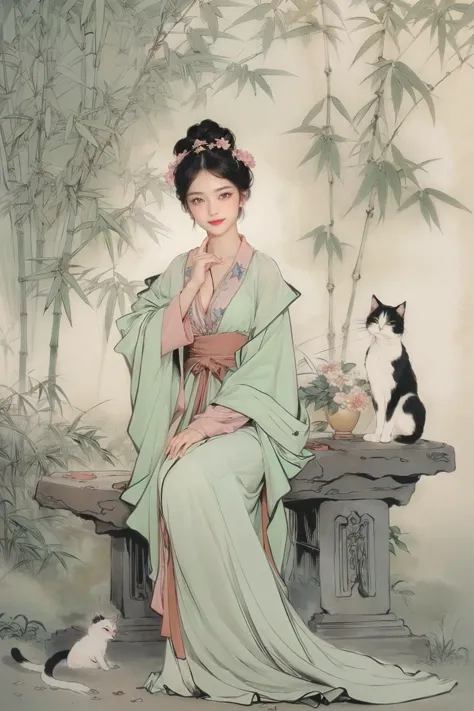 realistic, photorealistic, best quality, masterpiece, ultra high res, finely detailed, quality, realistic lighting, detailed skin, intricate details, raw photo, absurdres, highres, ultra detailed, BREAK, 1girl, solo, looking at viewer, 18 years old, hand of Guido Daniele, (jewelry, black hair, full body, hanfu, white background, sitting on stone, flower, bamboo, (cat:1.3), Exquisite floral, hair ornament, tree, butterfly, hair flower, table, vase, high contrast colours, vibrant colors, smug expression, grin, Dynamic Pose, Dynamic Angle, colorful, long eyelashes, complex background, full-face blush, parted lips, solo focus, blush), (beautifu and aesthetic face, detailed face, clean facial features, an extremely delicate and beautiful, beautiful detailed eyes, stars in the eyes, Pink lips, Glowing Eyes, perfect face, detailed pupils, Makeup:1.1), (nice hands, sexy, slim, large breasts, skinny, narrow waist, human anatomy:1.1), (detailed light, beautiful detailed glow, detailed background:1.1), (reflection, refraction, Rembrandt lighting, diffuse lighting, radiosity, photon mapping, subsurface scattering, dynamic lighting, Multi-exposure HDR capture, Screen Space Global Illumination, Ray Tracing, Lumen Reflections, Tone Mapping, volumetric lighting, Circular polarizer, broad lighting, dramatic lighting:1.1), BREAK, explosive light and shadow, sharp focus, film grain, rim lighting, two tone lighting, rim light, Overdetailed art, official art, beautiful and aesthetic, beautiful, elegant, vivid colours, warm tone, soft light, delicate, Ultrarealistic, Detailed illustration, extremely detailed CG Unity 8k wallpaper, PBR Texturing, huge filesize, 8k uhd, octane render, unreal engine 5, BREAK, 