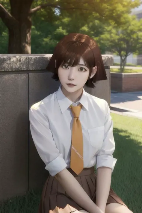 1woman, short hair, asymmetric hair, hime cut, white collared shirt, black pleated skirt, necktie, mira_yoo, short hair, brown eyes, brown hair, she is sitting at brick wall, water flooe, tree canopy, sunlit, weak lights and shadows