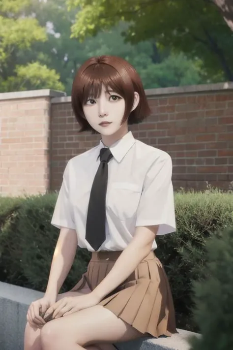 1woman, short hair, asymmetric hair, hime cut, white collared shirt, black pleated skirt, necktie, mira_yoo, short hair, brown eyes, brown hair,  white collared shirt, black pleated skirt, she is sitting at brick wall, water flooe, tree canopy, sunlit, weak lights and shadows